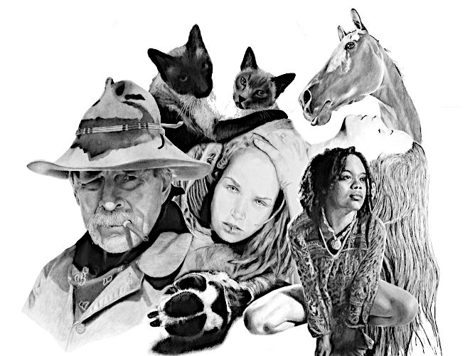 Collage of charcoal drawings by James Franssen: a cowboy, cats, a horse, and portrait studies